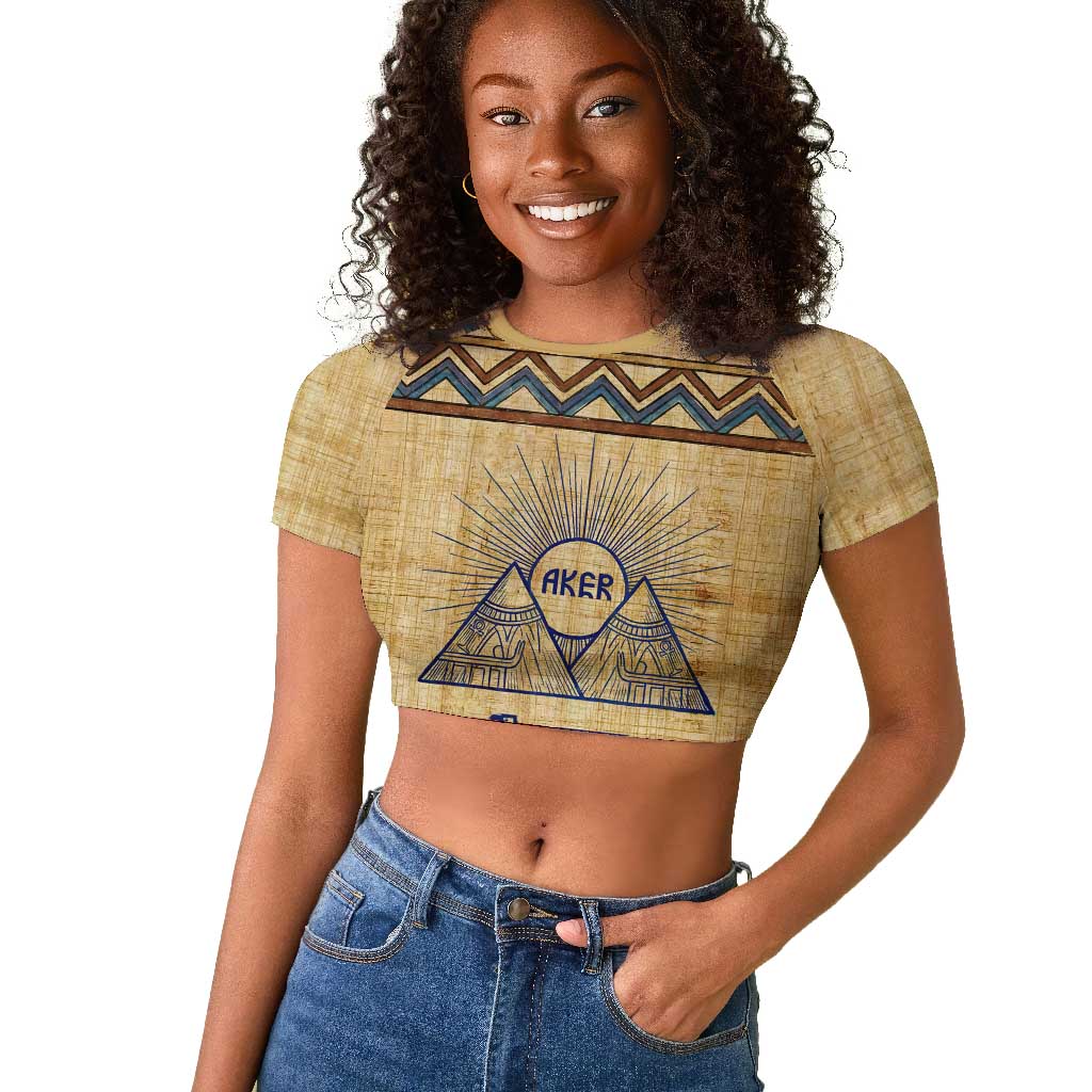 Aker Ancient Egyptian Raglan Cropped T shirt with Hieroglyphic Pattern, Pyramid Symbol, and Twin Lion Guardians Motif - Wonder Print Shop