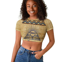 Aker Ancient Egyptian Raglan Cropped T shirt with Hieroglyphic Pattern, Pyramid Symbol, and Twin Lion Guardians Motif - Wonder Print Shop