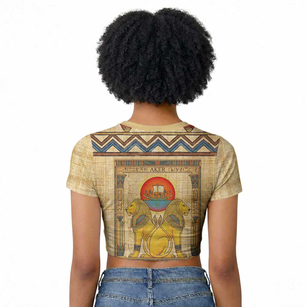 Aker Ancient Egyptian Raglan Cropped T shirt with Hieroglyphic Pattern, Pyramid Symbol, and Twin Lion Guardians Motif - Wonder Print Shop