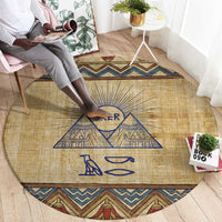 Aker Ancient Egyptian Round Carpet with Hieroglyphic Pattern, Pyramid Symbol, and Twin Lion Guardians Motif - Wonder Print Shop