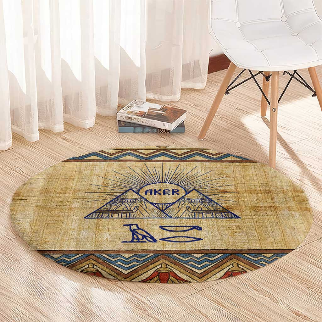 Aker Ancient Egyptian Round Carpet with Hieroglyphic Pattern, Pyramid Symbol, and Twin Lion Guardians Motif - Wonder Print Shop