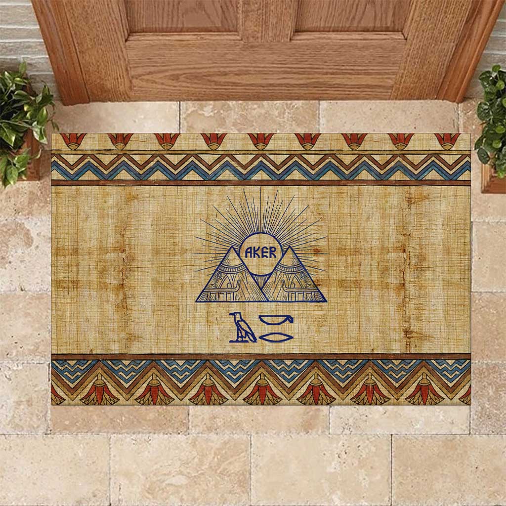 Aker Ancient Egyptian Rubber Doormat with Hieroglyphic Pattern, Pyramid Symbol, and Twin Lion Guardians Motif - Wonder Print Shop