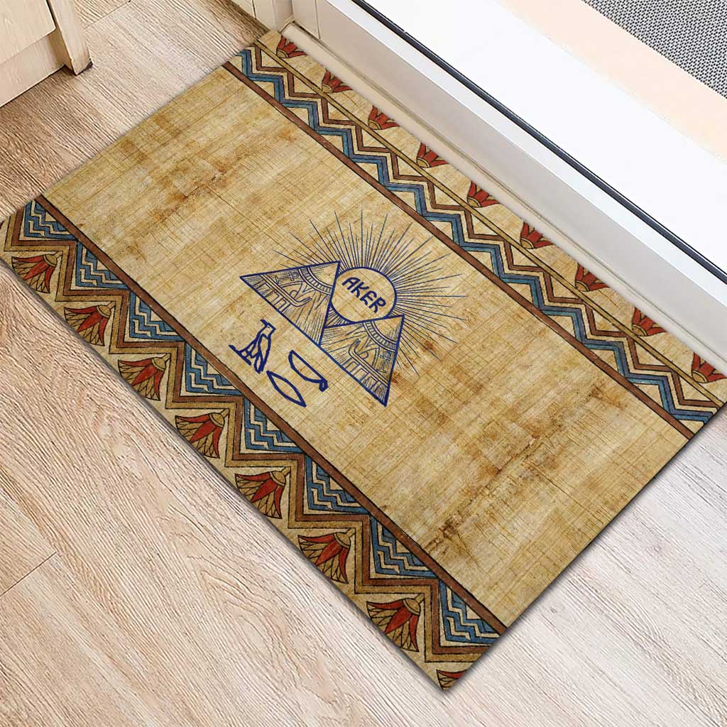 Aker Ancient Egyptian Rubber Doormat with Hieroglyphic Pattern, Pyramid Symbol, and Twin Lion Guardians Motif - Wonder Print Shop