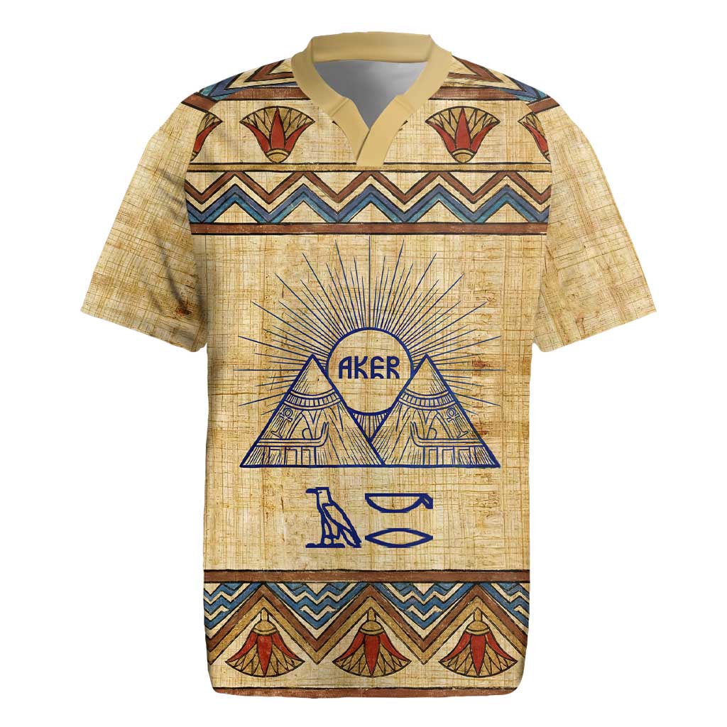 Aker Ancient Egyptian Rugby Jersey with Hieroglyphic Pattern, Pyramid Symbol, and Twin Lion Guardians Motif - Wonder Print Shop