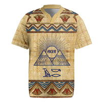 Aker Ancient Egyptian Rugby Jersey with Hieroglyphic Pattern, Pyramid Symbol, and Twin Lion Guardians Motif - Wonder Print Shop
