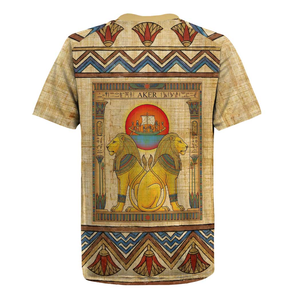 Aker Ancient Egyptian Rugby Jersey with Hieroglyphic Pattern, Pyramid Symbol, and Twin Lion Guardians Motif - Wonder Print Shop