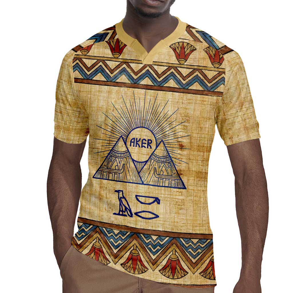 Aker Ancient Egyptian Rugby Jersey with Hieroglyphic Pattern, Pyramid Symbol, and Twin Lion Guardians Motif - Wonder Print Shop
