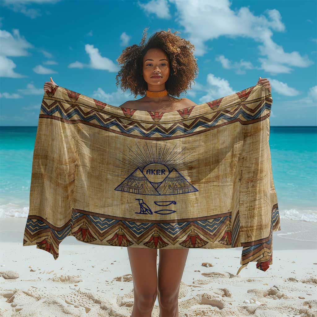 Aker Ancient Egyptian Sarong with Hieroglyphic Pattern, Pyramid Symbol, and Twin Lion Guardians Motif - Wonder Print Shop