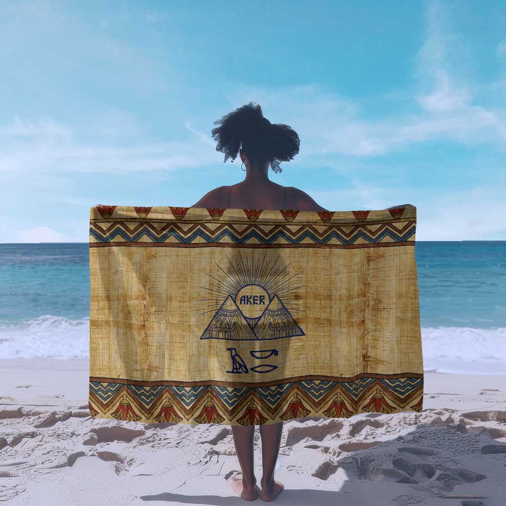 Aker Ancient Egyptian Sarong with Hieroglyphic Pattern, Pyramid Symbol, and Twin Lion Guardians Motif - Wonder Print Shop