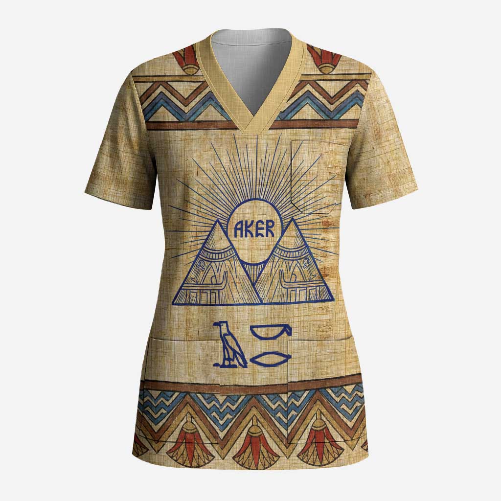 Aker Ancient Egyptian Scrub Top with Hieroglyphic Pattern, Pyramid Symbol, and Twin Lion Guardians Motif - Wonder Print Shop