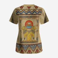 Aker Ancient Egyptian Scrub Top with Hieroglyphic Pattern, Pyramid Symbol, and Twin Lion Guardians Motif - Wonder Print Shop