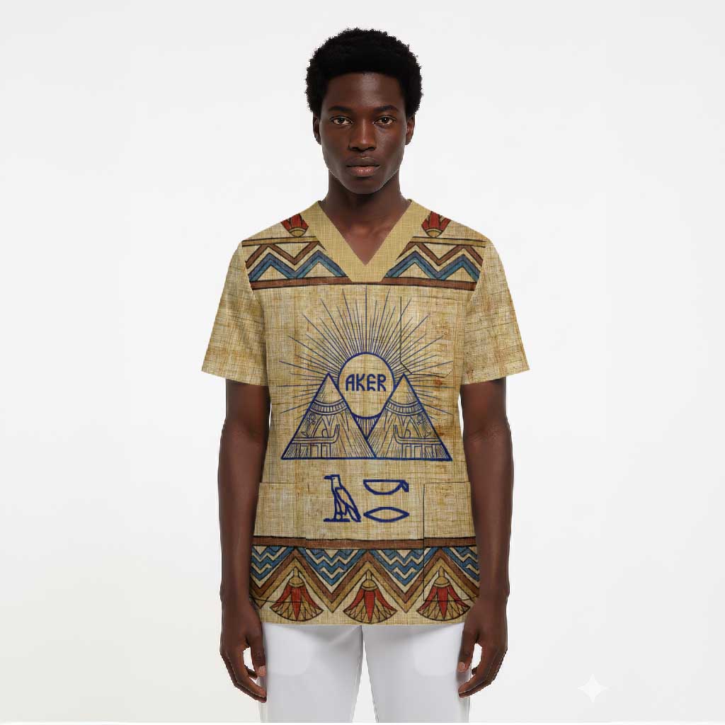 Aker Ancient Egyptian Scrub Top with Hieroglyphic Pattern, Pyramid Symbol, and Twin Lion Guardians Motif - Wonder Print Shop