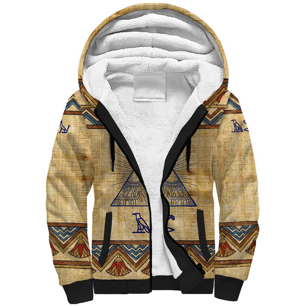Aker Ancient Egyptian Sherpa Hoodie with Hieroglyphic Pattern, Pyramid Symbol, and Twin Lion Guardians Motif - Wonder Print Shop