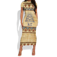 Aker Ancient Egyptian Short Sleeve Bodycon Dress with Hieroglyphic Pattern, Pyramid Symbol, and Twin Lion Guardians Motif - Wonder Print Shop