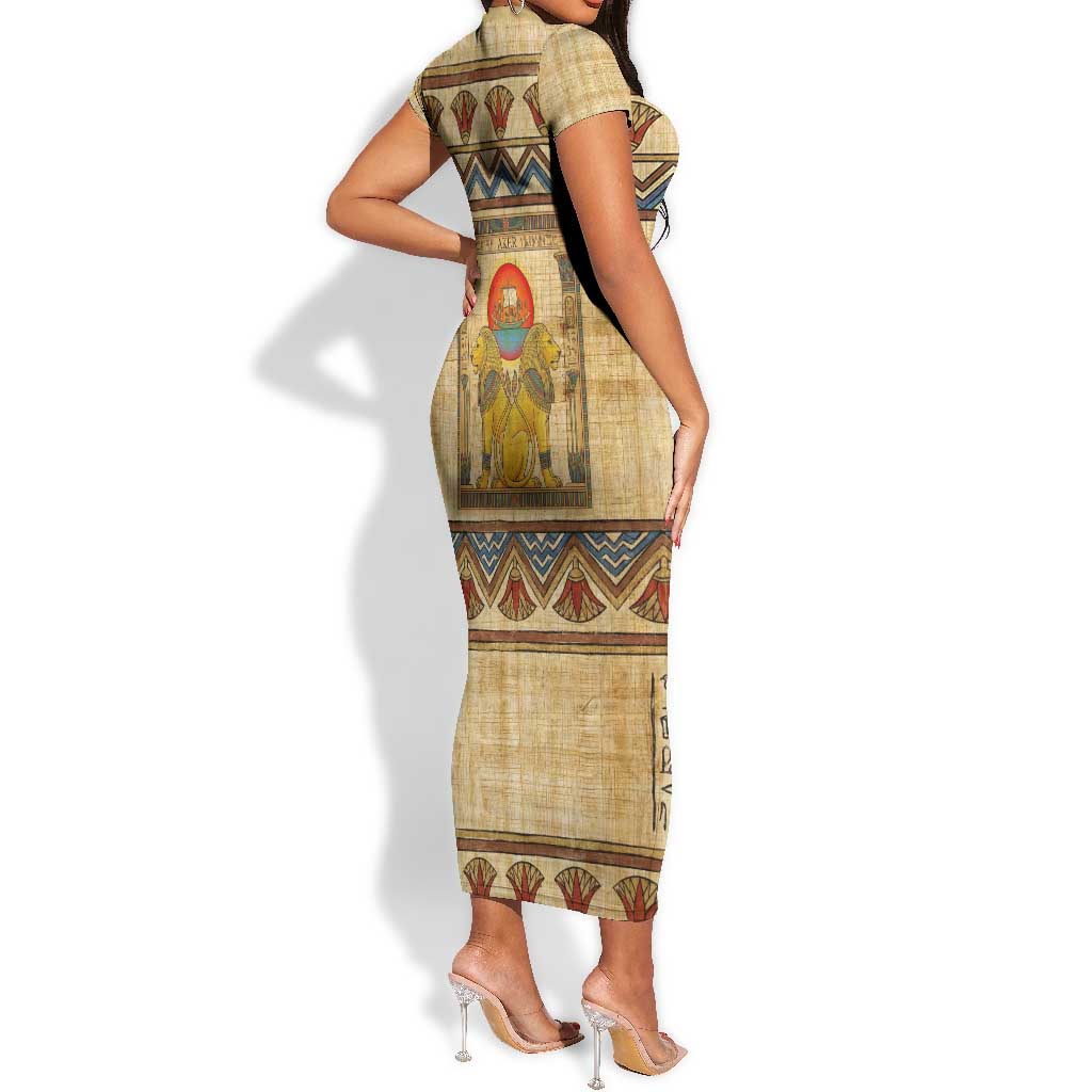 Aker Ancient Egyptian Short Sleeve Bodycon Dress with Hieroglyphic Pattern, Pyramid Symbol, and Twin Lion Guardians Motif - Wonder Print Shop