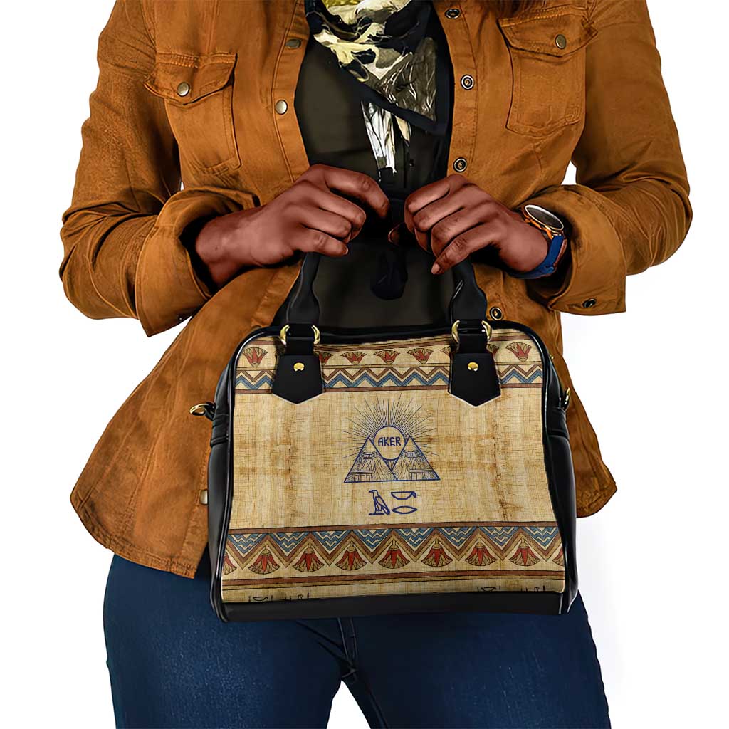 Aker Ancient Egyptian Shoulder Handbag with Hieroglyphic Pattern, Pyramid Symbol, and Twin Lion Guardians Motif - Wonder Print Shop