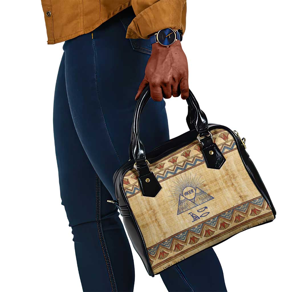 Aker Ancient Egyptian Shoulder Handbag with Hieroglyphic Pattern, Pyramid Symbol, and Twin Lion Guardians Motif - Wonder Print Shop
