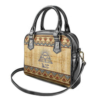 Aker Ancient Egyptian Shoulder Handbag with Hieroglyphic Pattern, Pyramid Symbol, and Twin Lion Guardians Motif - Wonder Print Shop