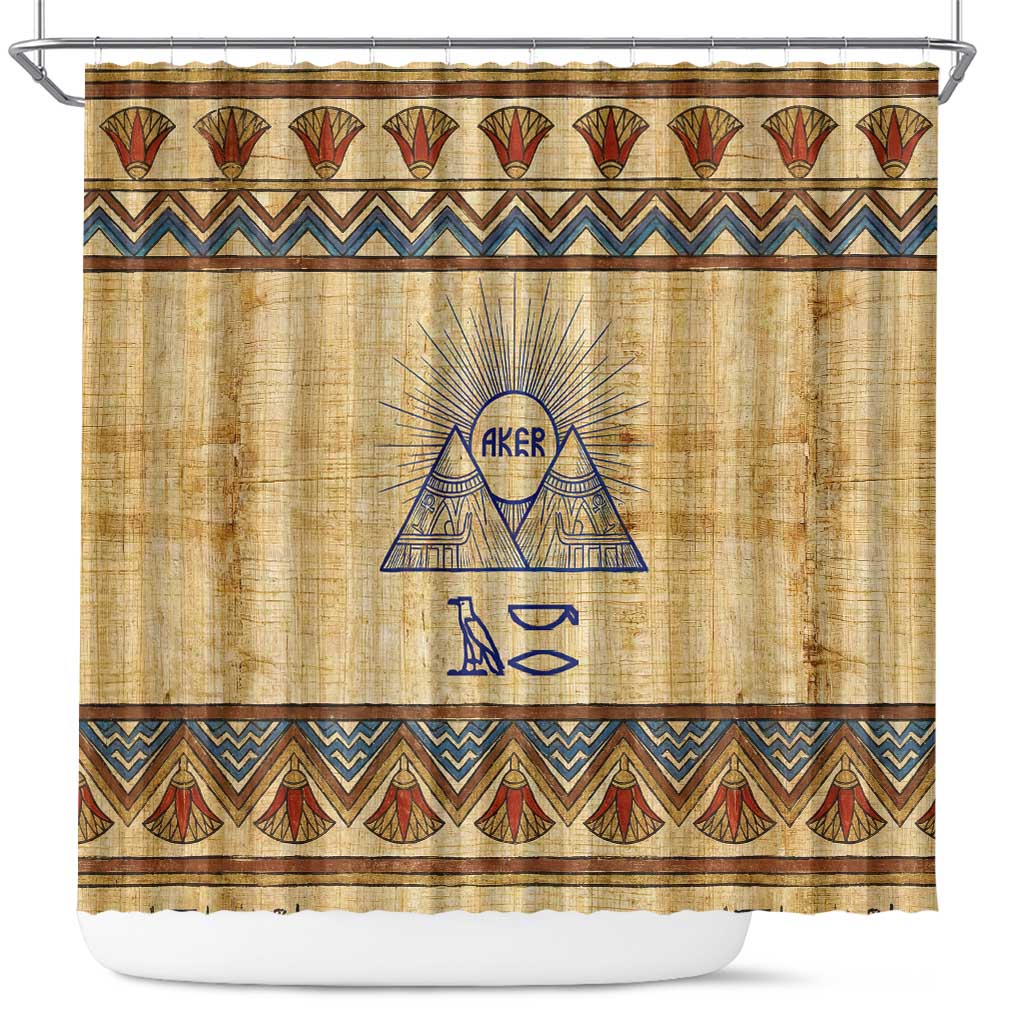 Aker Ancient Egyptian Shower Curtain with Hieroglyphic Pattern, Pyramid Symbol, and Twin Lion Guardians Motif - Wonder Print Shop