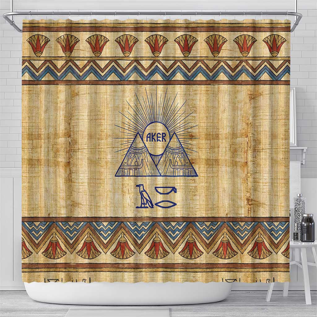 Aker Ancient Egyptian Shower Curtain with Hieroglyphic Pattern, Pyramid Symbol, and Twin Lion Guardians Motif - Wonder Print Shop