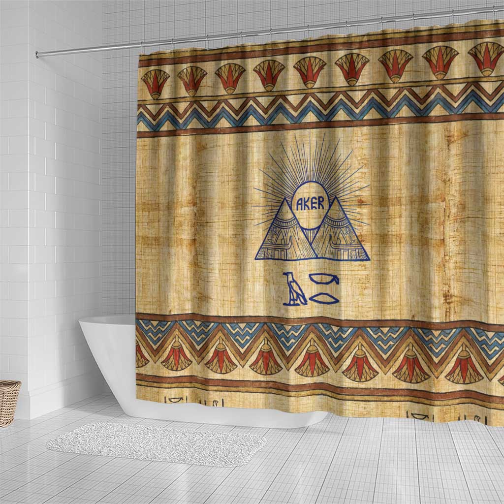Aker Ancient Egyptian Shower Curtain with Hieroglyphic Pattern, Pyramid Symbol, and Twin Lion Guardians Motif - Wonder Print Shop