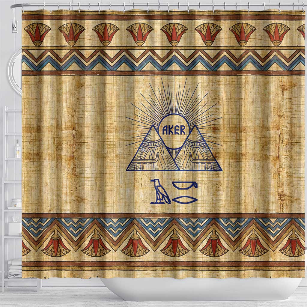 Aker Ancient Egyptian Shower Curtain with Hieroglyphic Pattern, Pyramid Symbol, and Twin Lion Guardians Motif - Wonder Print Shop