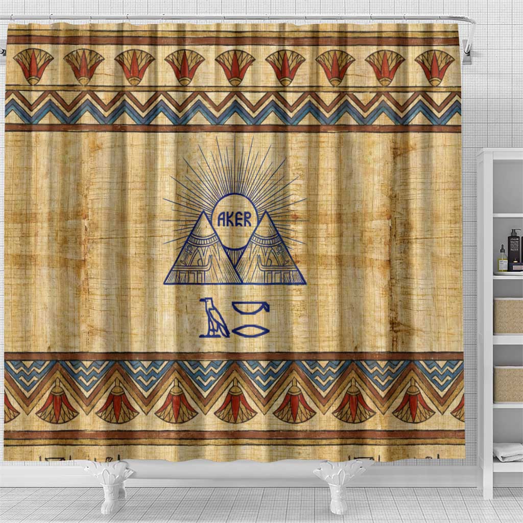 Aker Ancient Egyptian Shower Curtain with Hieroglyphic Pattern, Pyramid Symbol, and Twin Lion Guardians Motif - Wonder Print Shop