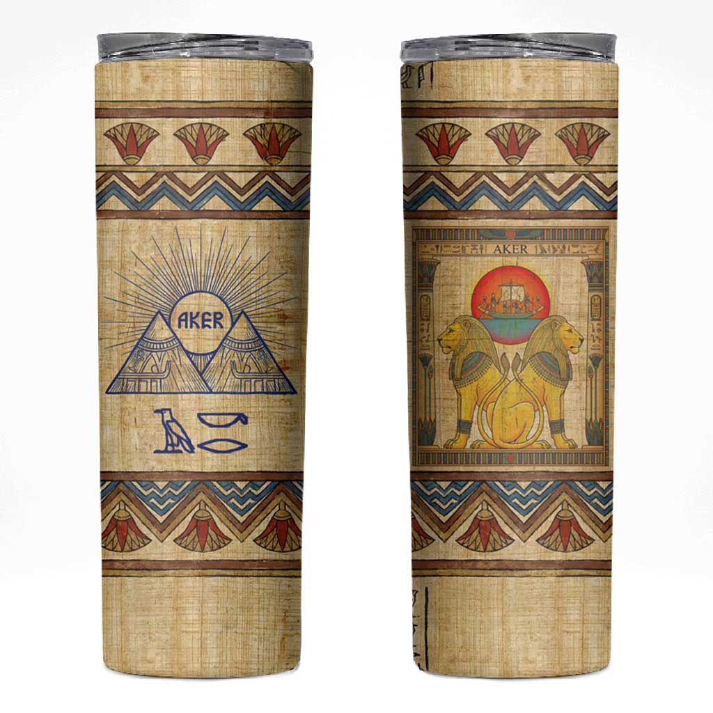 Aker Ancient Egyptian Skinny Tumbler with Hieroglyphic Pattern, Pyramid Symbol, and Twin Lion Guardians Motif - Wonder Print Shop