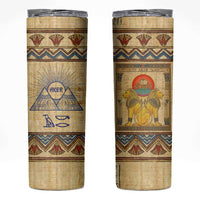 Aker Ancient Egyptian Skinny Tumbler with Hieroglyphic Pattern, Pyramid Symbol, and Twin Lion Guardians Motif - Wonder Print Shop