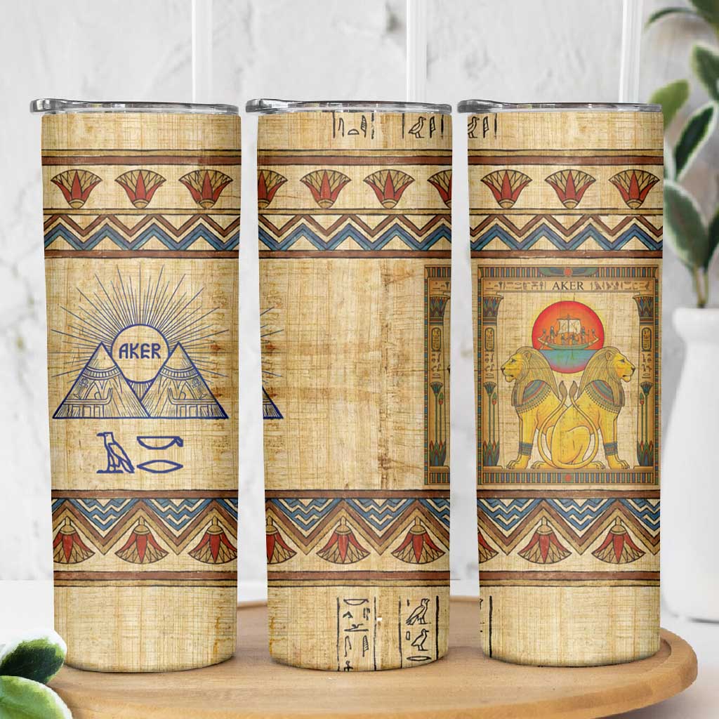 Aker Ancient Egyptian Skinny Tumbler with Hieroglyphic Pattern, Pyramid Symbol, and Twin Lion Guardians Motif - Wonder Print Shop