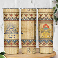 Aker Ancient Egyptian Skinny Tumbler with Hieroglyphic Pattern, Pyramid Symbol, and Twin Lion Guardians Motif - Wonder Print Shop