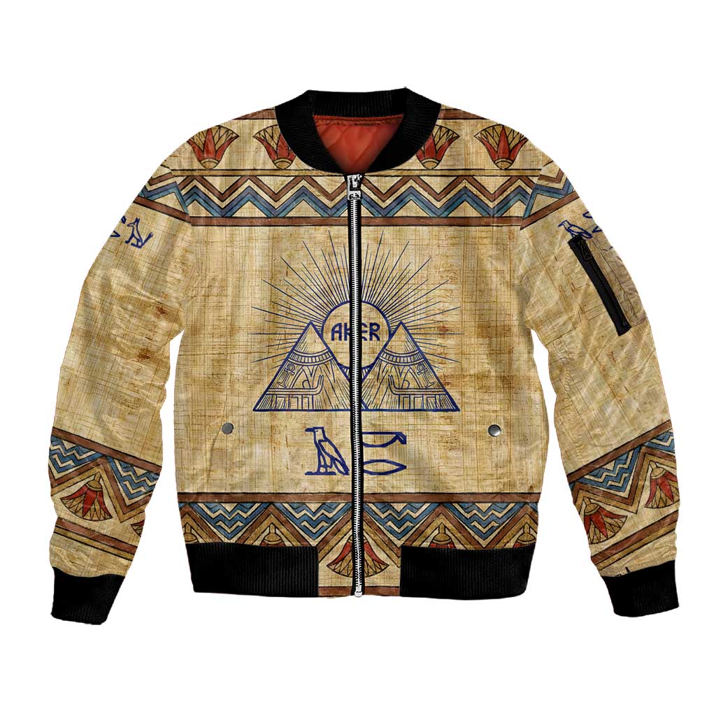 Aker Ancient Egyptian Sleeve Zip Bomber Jacket with Hieroglyphic Pattern, Pyramid Symbol, and Twin Lion Guardians Motif - Wonder Print Shop
