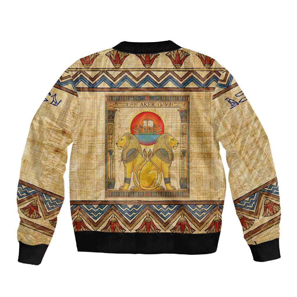 Aker Ancient Egyptian Sleeve Zip Bomber Jacket with Hieroglyphic Pattern, Pyramid Symbol, and Twin Lion Guardians Motif - Wonder Print Shop