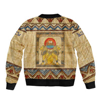 Aker Ancient Egyptian Sleeve Zip Bomber Jacket with Hieroglyphic Pattern, Pyramid Symbol, and Twin Lion Guardians Motif - Wonder Print Shop