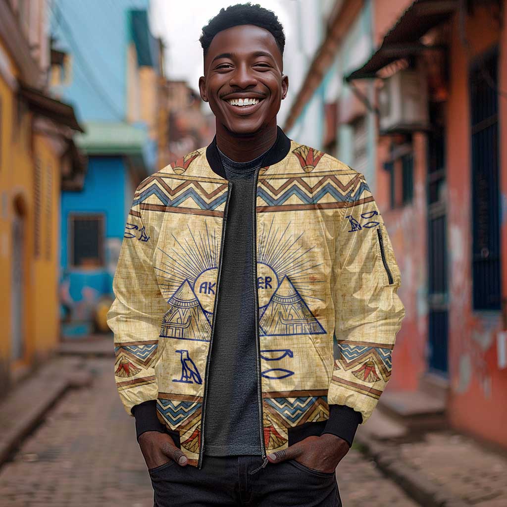 Aker Ancient Egyptian Sleeve Zip Bomber Jacket with Hieroglyphic Pattern, Pyramid Symbol, and Twin Lion Guardians Motif - Wonder Print Shop