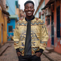 Aker Ancient Egyptian Sleeve Zip Bomber Jacket with Hieroglyphic Pattern, Pyramid Symbol, and Twin Lion Guardians Motif - Wonder Print Shop