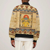 Aker Ancient Egyptian Sleeve Zip Bomber Jacket with Hieroglyphic Pattern, Pyramid Symbol, and Twin Lion Guardians Motif - Wonder Print Shop
