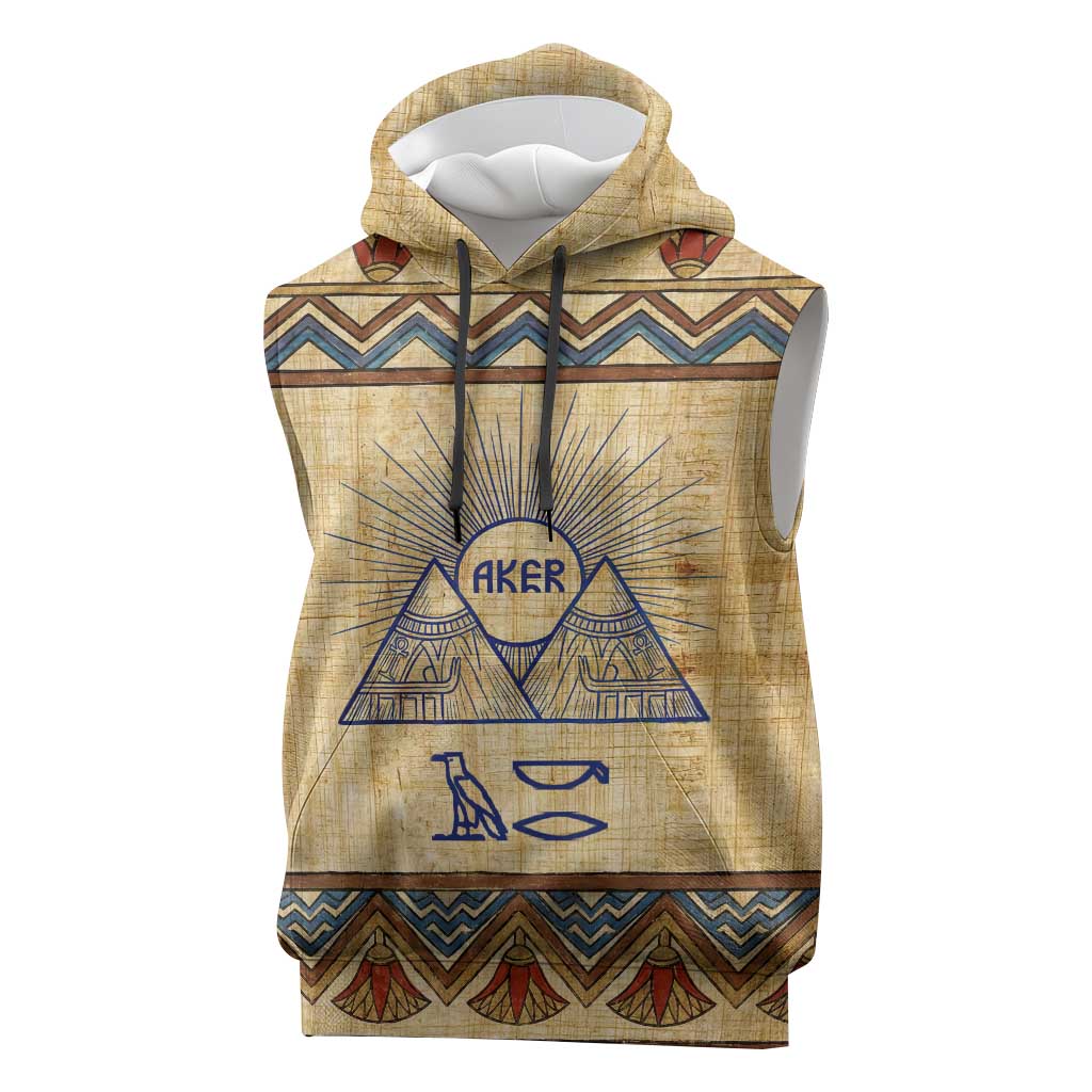 Aker Ancient Egyptian Sleeveless Hoodie with Hieroglyphic Pattern, Pyramid Symbol, and Twin Lion Guardians Motif - Wonder Print Shop