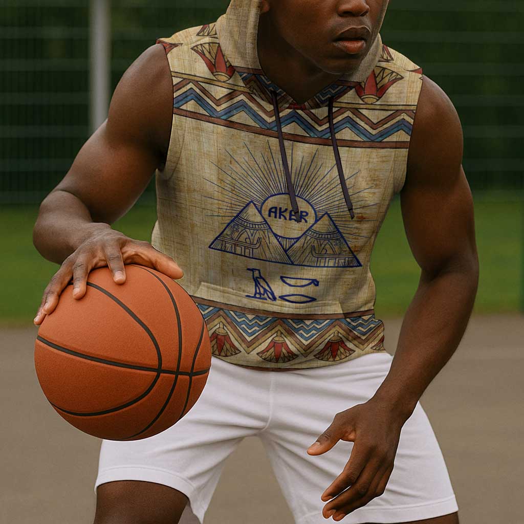 Aker Ancient Egyptian Sleeveless Hoodie with Hieroglyphic Pattern, Pyramid Symbol, and Twin Lion Guardians Motif - Wonder Print Shop