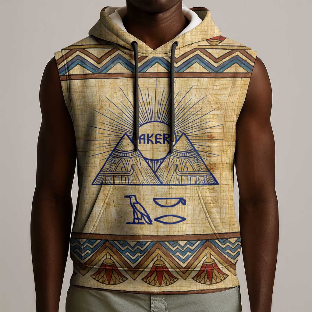 Aker Ancient Egyptian Sleeveless Hoodie with Hieroglyphic Pattern, Pyramid Symbol, and Twin Lion Guardians Motif - Wonder Print Shop