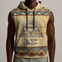 Aker Ancient Egyptian Sleeveless Hoodie with Hieroglyphic Pattern, Pyramid Symbol, and Twin Lion Guardians Motif - Wonder Print Shop