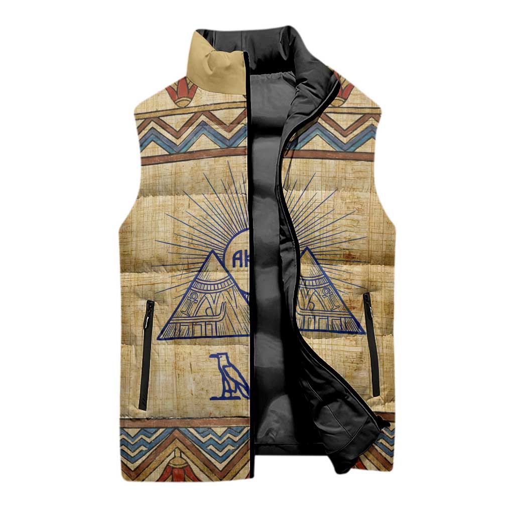 Aker Ancient Egyptian Sleeveless Puffer Jacket with Hieroglyphic Pattern, Pyramid Symbol, and Twin Lion Guardians Motif - Wonder Print Shop