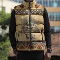 Aker Ancient Egyptian Sleeveless Puffer Jacket with Hieroglyphic Pattern, Pyramid Symbol, and Twin Lion Guardians Motif - Wonder Print Shop