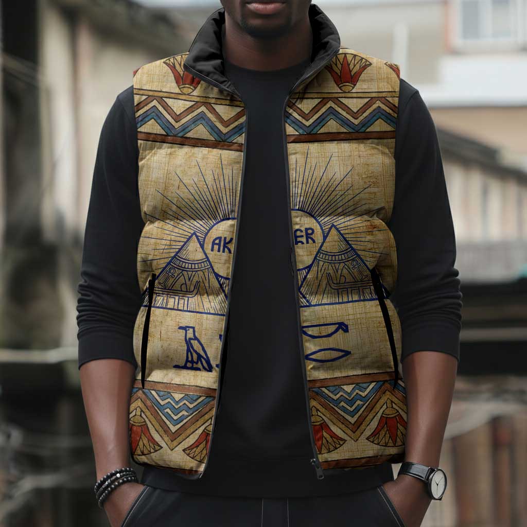 Aker Ancient Egyptian Sleeveless Puffer Jacket with Hieroglyphic Pattern, Pyramid Symbol, and Twin Lion Guardians Motif - Wonder Print Shop