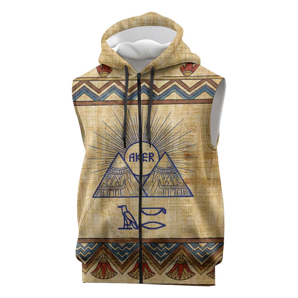 Aker Ancient Egyptian Sleeveless Zip Hoodie with Hieroglyphic Pattern, Pyramid Symbol, and Twin Lion Guardians Motif - Wonder Print Shop