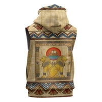Aker Ancient Egyptian Sleeveless Zip Hoodie with Hieroglyphic Pattern, Pyramid Symbol, and Twin Lion Guardians Motif - Wonder Print Shop