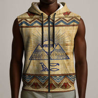 Aker Ancient Egyptian Sleeveless Zip Hoodie with Hieroglyphic Pattern, Pyramid Symbol, and Twin Lion Guardians Motif - Wonder Print Shop
