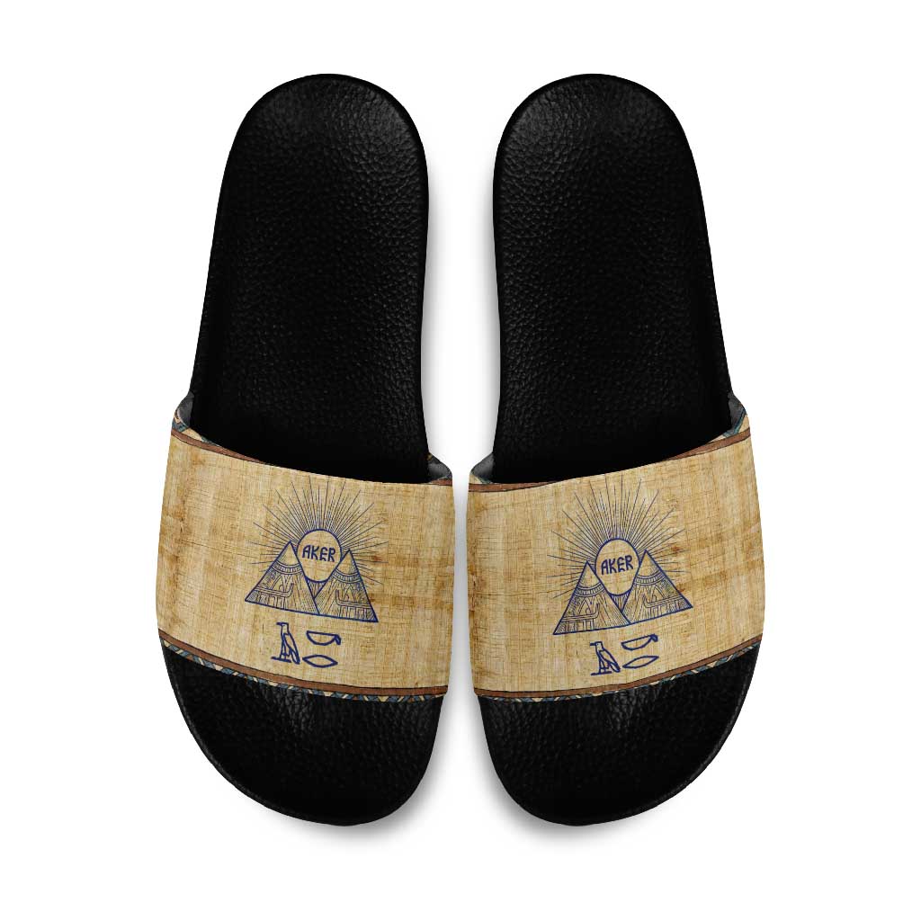 Aker Ancient Egyptian Slide Sandals with Hieroglyphic Pattern, Pyramid Symbol, and Twin Lion Guardians Motif - Wonder Print Shop