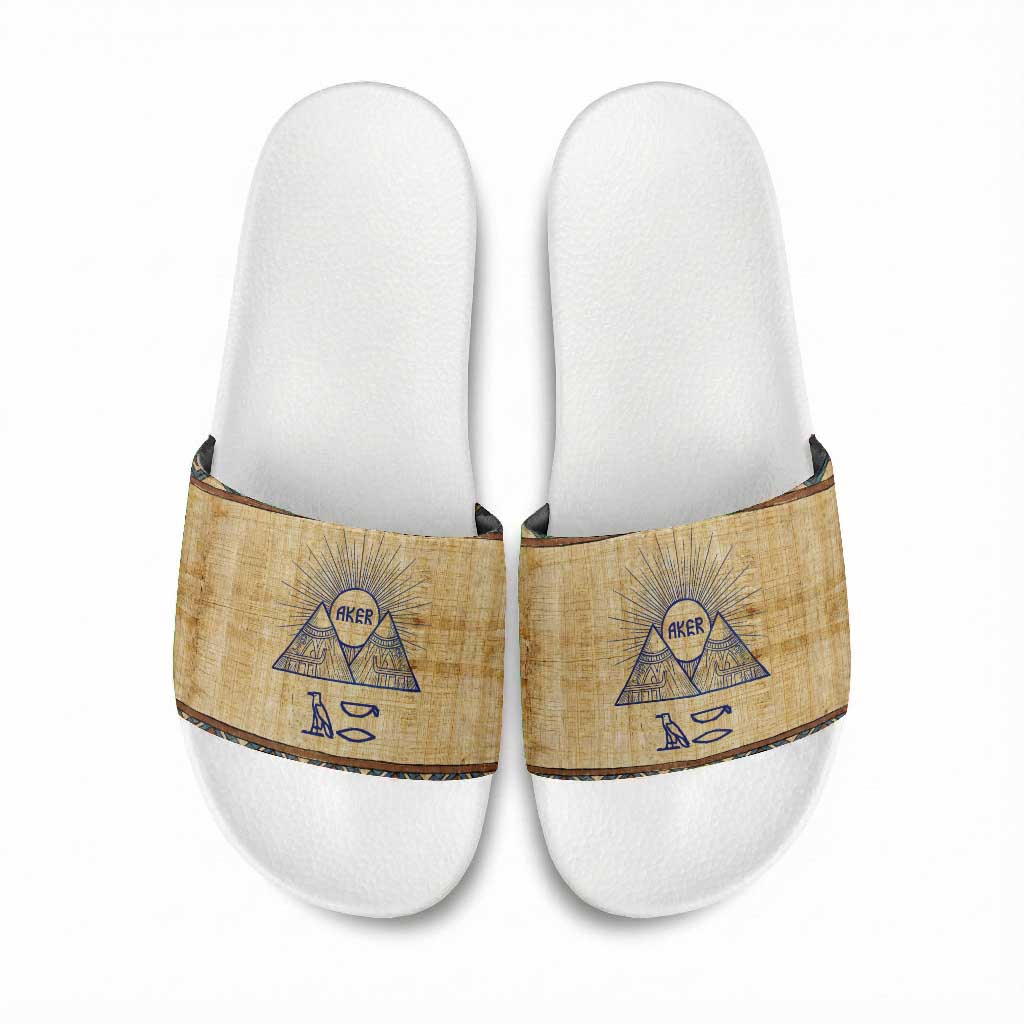 Aker Ancient Egyptian Slide Sandals with Hieroglyphic Pattern, Pyramid Symbol, and Twin Lion Guardians Motif - Wonder Print Shop