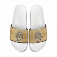 Aker Ancient Egyptian Slide Sandals with Hieroglyphic Pattern, Pyramid Symbol, and Twin Lion Guardians Motif - Wonder Print Shop